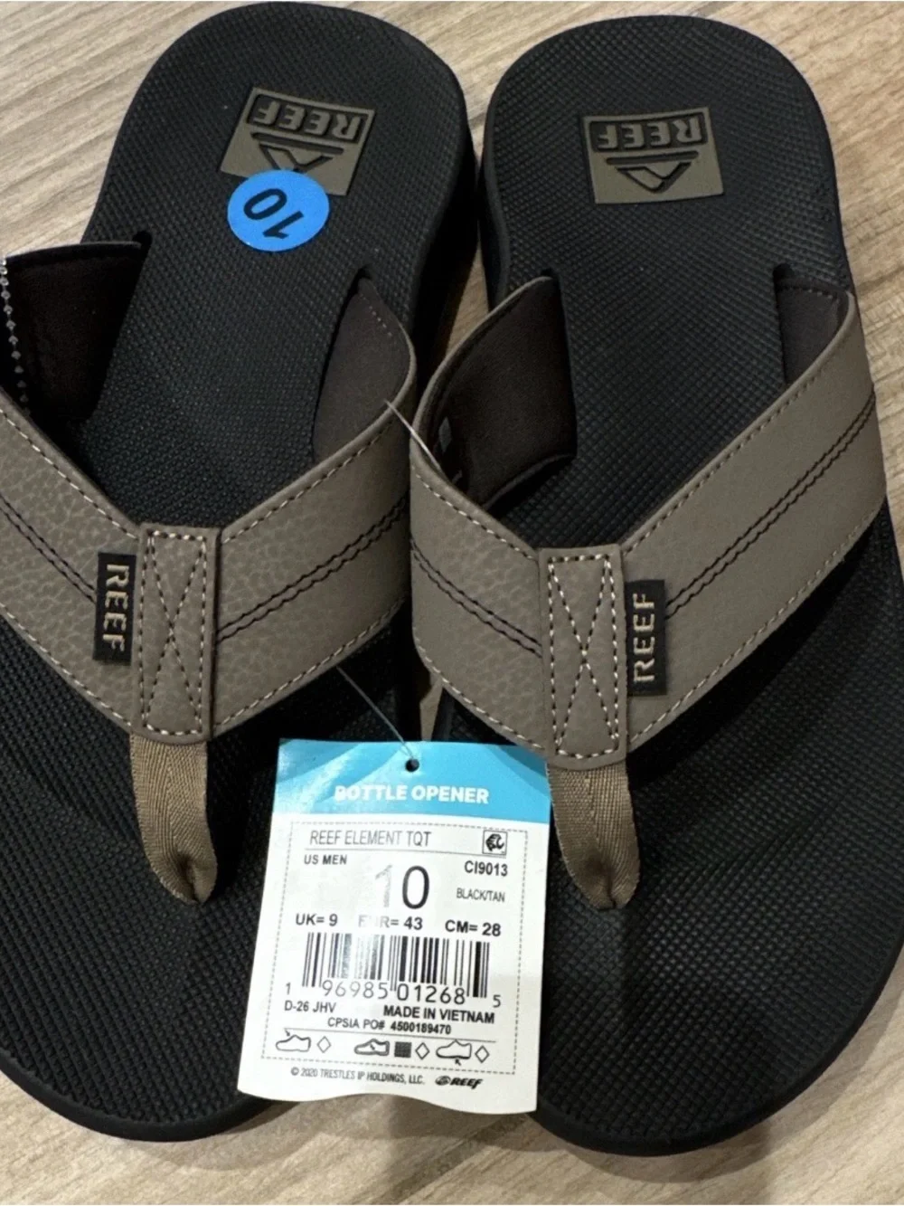 Reef Element TQT Bottle Opener Thong Sandals Black/Tan Logo Men US 10